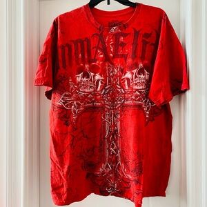 VINTAGE Y2K RED TEE W/CROSS ON IT AND MMA ELITE WRITTEN ON IT. SIZE XL